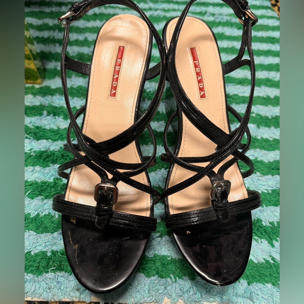 PRADA WEDGE STRAPPY LUXURIOUS SHOES US 8 BLK PATTON LEATHER NEW